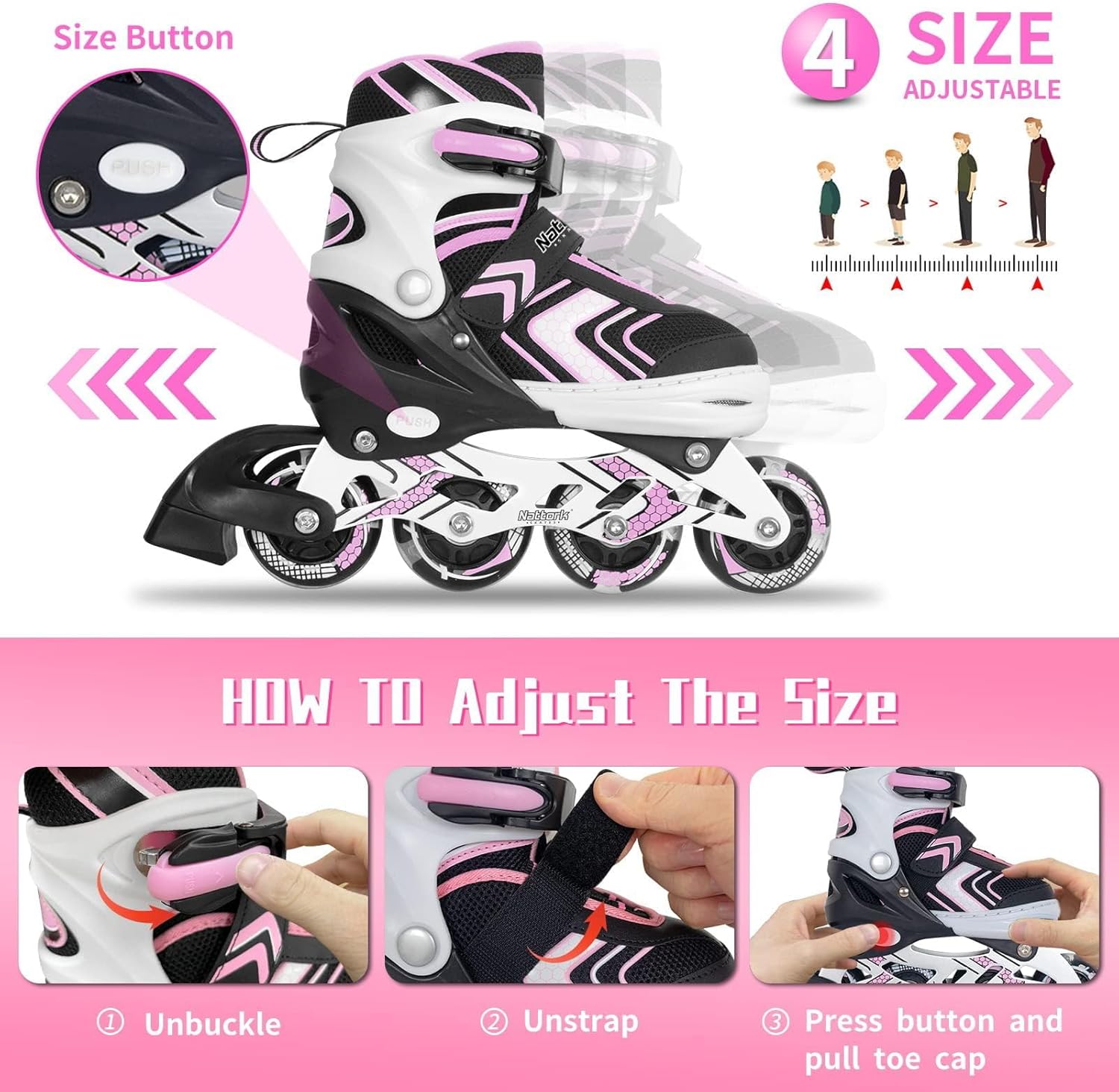 Nattork Adjustable Inline Skates for Girls and Boys with Full Light up Wheels, Beginner Roller Skates for Kids Youth Purple Pink Blue Black